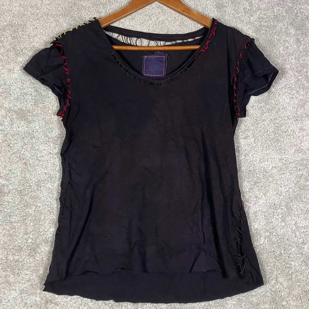 T-Shirt Womens Black Distressed Hand Stitch Whipstitch Scab Crust Style Punk